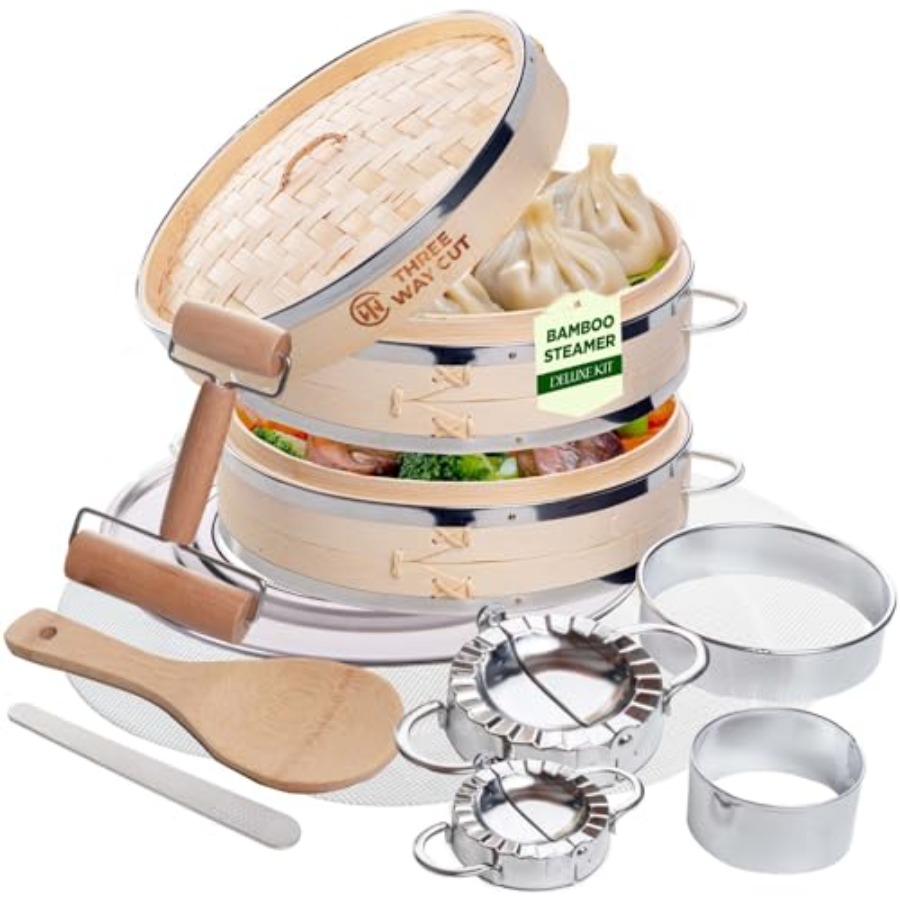 Bao Steamer Bamboo - 2-tier 10 Bamboo Steamer with Reinforcement